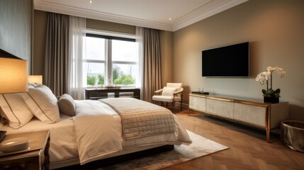 a bedroom with a tv on the wall and a large bed in front of a flat screen television mounted to the wall