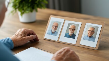 Elderly Man Reflects on Memories with Photo Display of Smiling Faces