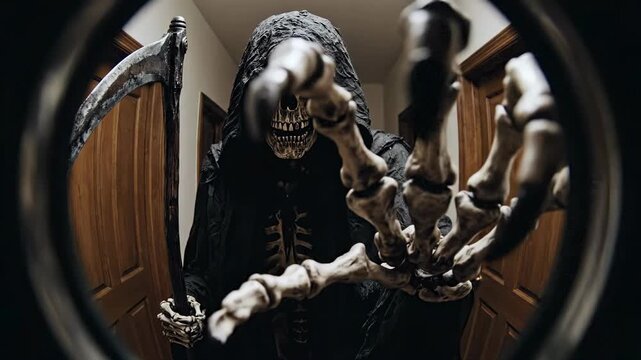 Death appears at the door's peephole, a chilling moment captured in dimly lit hallway
