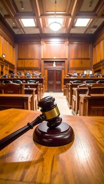 Courtroom interior view; gavel on shiny wood table. Wood paneling and chairs are visible