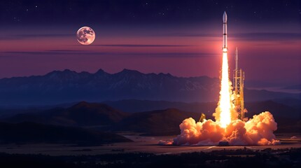 Rocket Launch at Sunset with Mountain Range and Full Moon