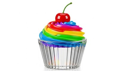 Rainbow cupcake with cherry on top in transparent wrapper
