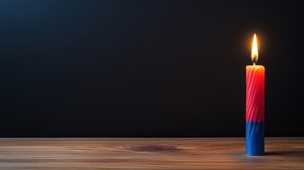 Colorful candle flame illuminating dark space with wooden texture background