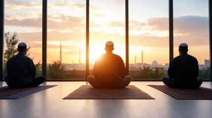 Three Individuals Meditating at Sunrise with City Skyline Background