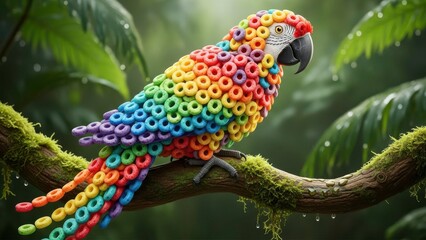 Rainbow Parrot Made of Fruit Loop Cereal on Mossy Branch
