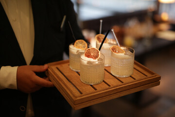  Waiter Carries Wooden Tray
