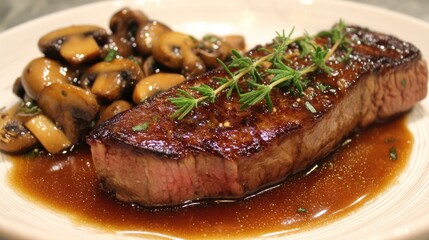 Delicious Grilled Steak with Thyme Garnish and Saut&eacute;ed Mushrooms Served on a White Plate with Savory Sauce