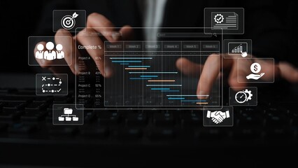 Project management dashboard showing timeline, tasks, milestones, and workflows for planning,...