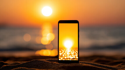 Sunset reflection captured on smartphone screen at beach with golden light sparkling on water surface