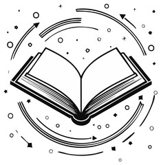 Open book with arrows, circles and geometric shapes, vector illustration