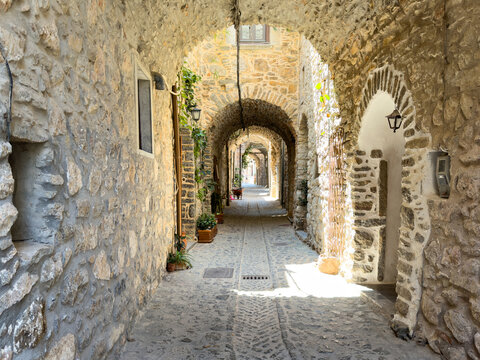 Chios Island, Greece. Narrow medieval alley in Mesta Village