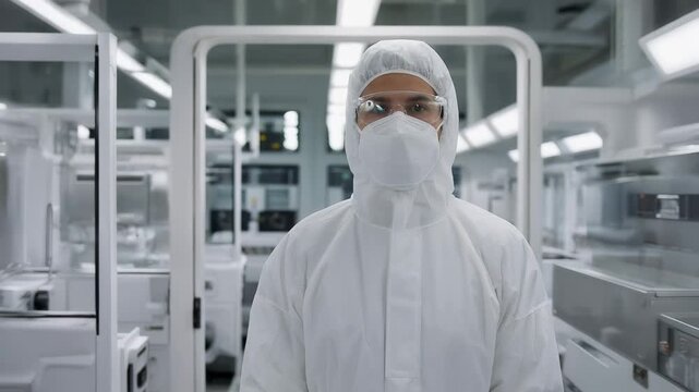 Semiconductor cleanroom technician wearing protective suit inside advanced chip manufacturing facility