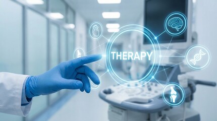 A medical professional interacting with therapy technology in a modern hospital setting.