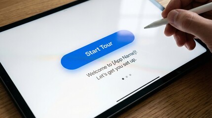 A hand holding a stylus over a tablet with a start tour screen