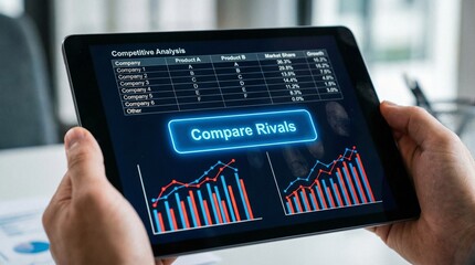 A person analyzing competitive market data on a tablet for business strategy planning.