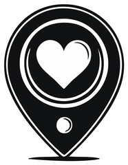 Heart shape symbol within a location pin icon signifying a favorite place or destination