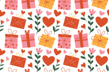 A colorful pattern of gifts and hearts on a white background for Valentine's Day or a birthday celebration