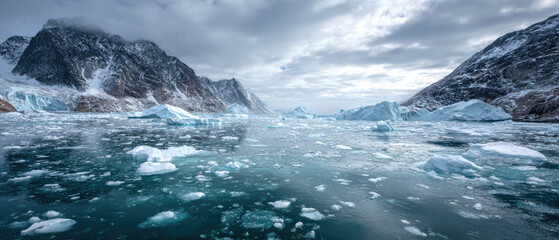 Fototapeta premium Arctic Fjord with Floating Ice and Snowy Mountains