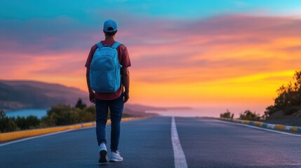 Man Walking on Road at Sunset with Backpack and Calm Sea View