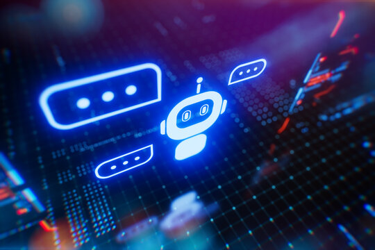 Futuristic hologram interface with a glowing chatbot icon and speech bubbles, activated by a finger touch. Concept of artificial intelligence and digital communication in a virtual environment.