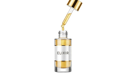 A dropper bottle of golden serum isolated on transparent background