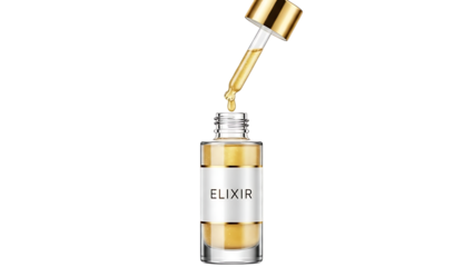 A dropper bottle of golden serum isolated on transparent background