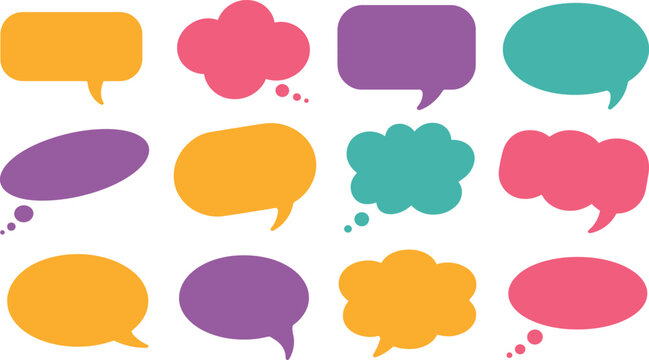 A collection of twelve colorful speech and thought bubbles in various shapes and sizes isolated on a white background