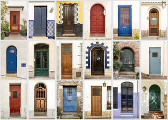 Collage of old entrance doors in Spain, vintage architecture background