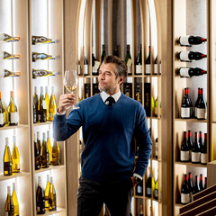 Obraz premium Man enjoys wine tasting in a chic winery with elegant decor