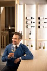 Obraz premium Enjoying a moment of relaxation with a fine glass of wine at an elegant bar