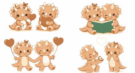 Obraz premium Cute Boho Triceratops Valentine Vector Illustration Set: Walking, Reading, Proposing, and Sitting Bundle