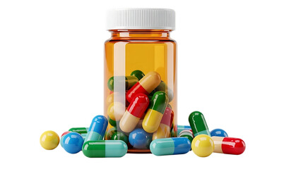 Colorful capsules and pills isolated on transparent background