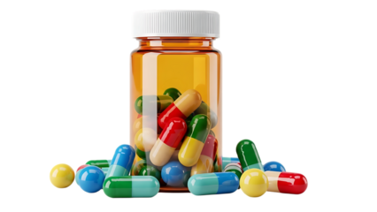 Colorful capsules and pills isolated on transparent background