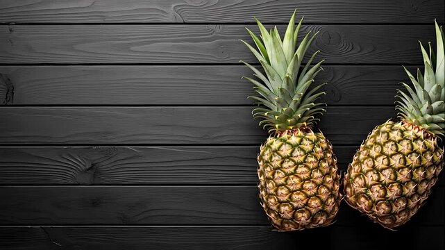 Two fresh pineapples on dark wooden background