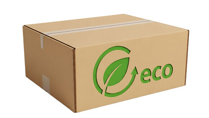 Brown cardboard box with green eco logo isolated on transparent background