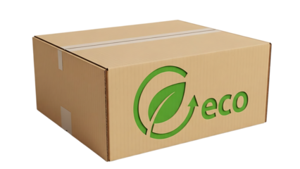 Brown cardboard box with green eco logo isolated on transparent background