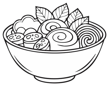 Bowl of Asian noodle soup line art illustration for coloring book