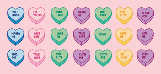 Heart Candy with Love Slogans and Messages. Heart Shaped Candy Vector Illustrations for Valentine's Day Decoration