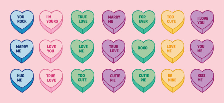 Heart Candy with Love Slogans and Messages. Heart Shaped Candy Vector Illustrations for Valentine's Day Decoration