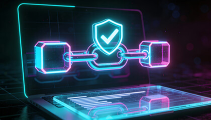 Glowing neon secure chain link with shield checkmark above laptop representing encrypted connection blockchain security and network access on futuristic dark background