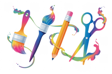 Colorful supplies with paintbrushes and scissors pencil isolated on a transparent background