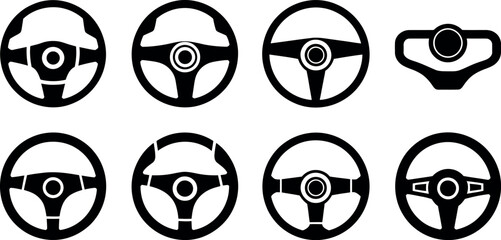Collection of diverse black steering wheel icons and vector graphics representing car controls isolated on transparent background