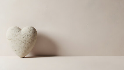 Minimalist stone heart sculpture against a neutral beige wall for conceptual copy space