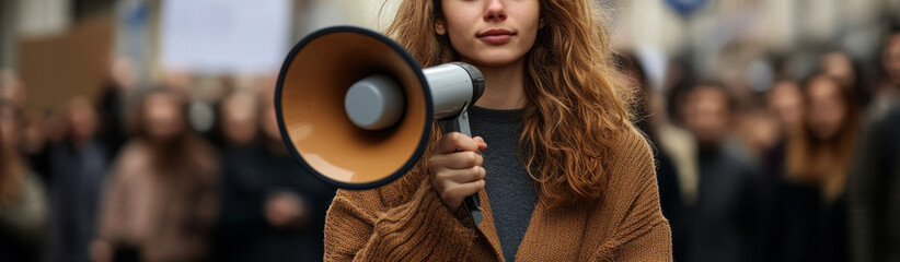 woman freckles speaking into a megaphone in front of a crowd on the street, a mockup template