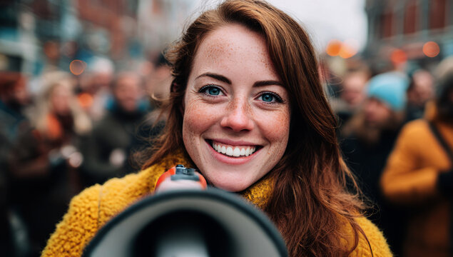 woman freckles speaking into a megaphone in front of a crowd on the street, a mockup template