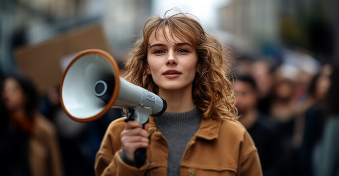 woman freckles speaking into a megaphone in front of a crowd on the street, a mockup template