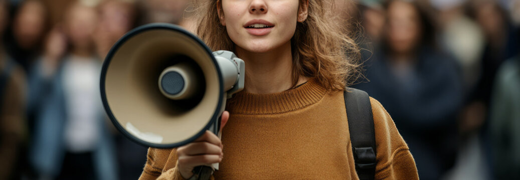 woman freckles speaking into a megaphone in front of a crowd on the street, a mockup template