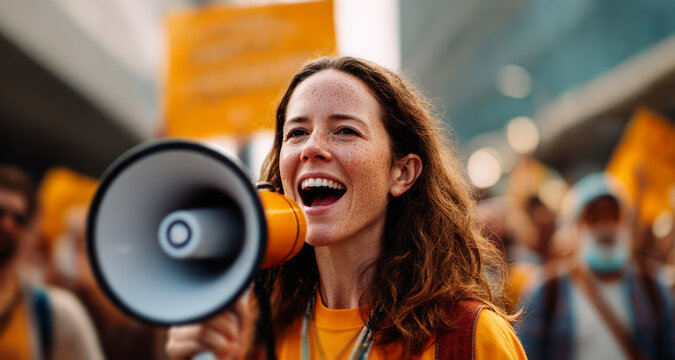 woman freckles speaking into a megaphone in front of a crowd on the street, a mockup template