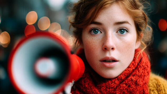 woman freckles speaking into a megaphone in front of a crowd on the street, a mockup template