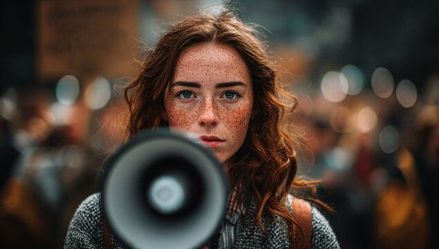 woman freckles speaking into a megaphone in front of a crowd on the street, a mockup template